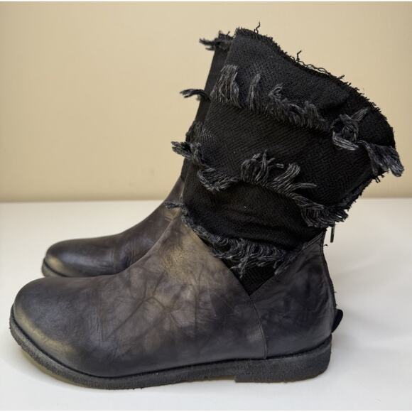 Papucei Avant-Garde Boot Womens EU 41 US 10 Black Leather Fringe Canvas Back Zip - Picture 1 of 10
